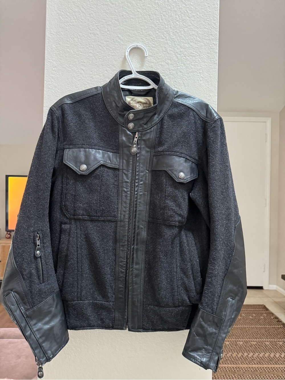 Men's Dark Gray Wool-Blend Bomber Jacket with Black Leather Trim